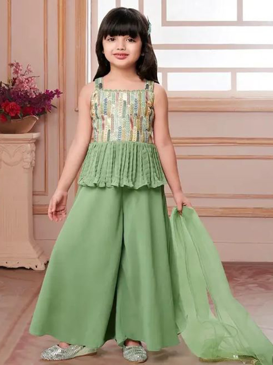 

JEVIK CREATION Girls Embellished Sleeveless Top With Palazzo & Dupatta, Green