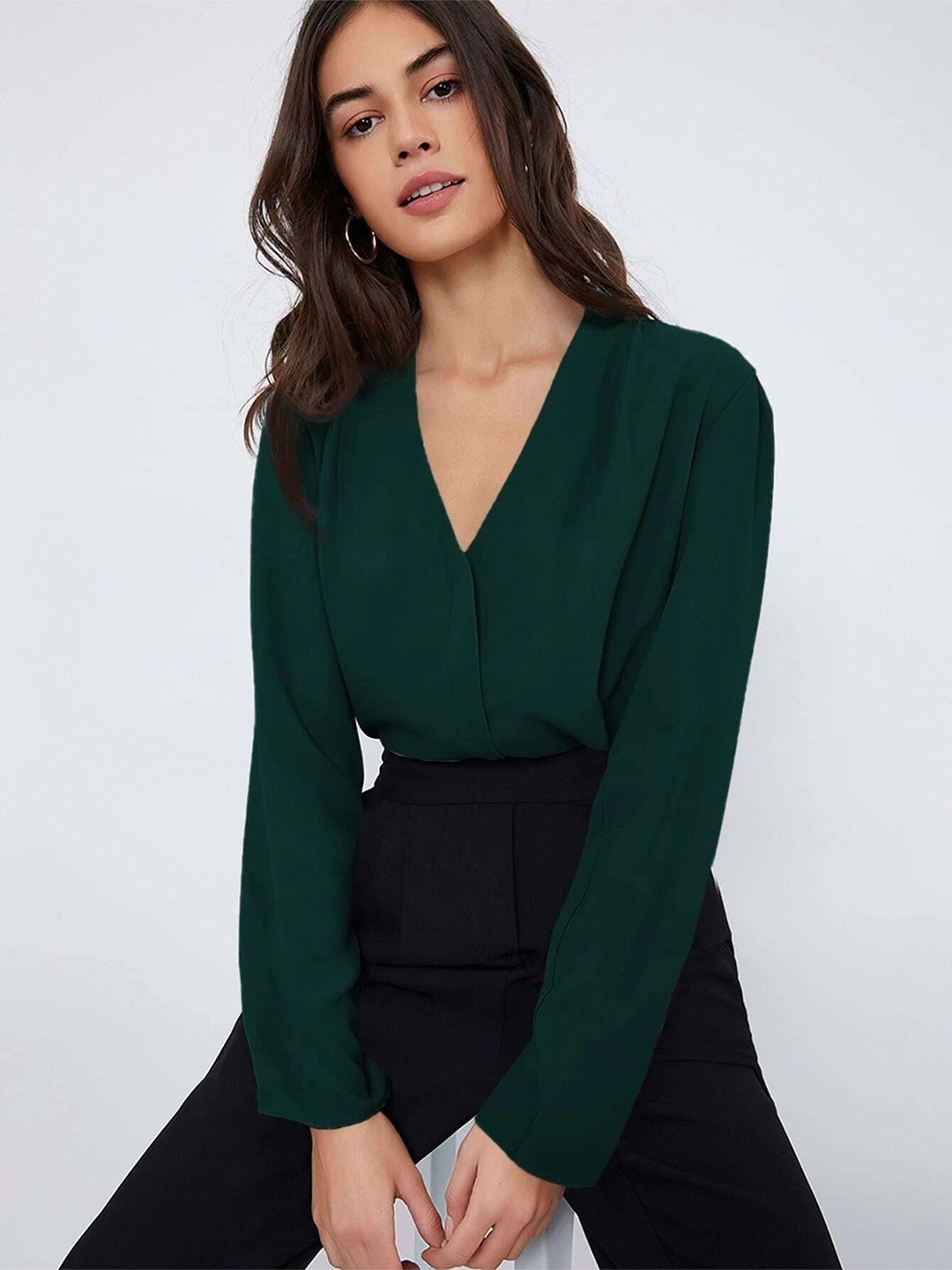 

FNOCKS Women Comfort Fit V-Neck Solid Cotton Formal Shirt, Green