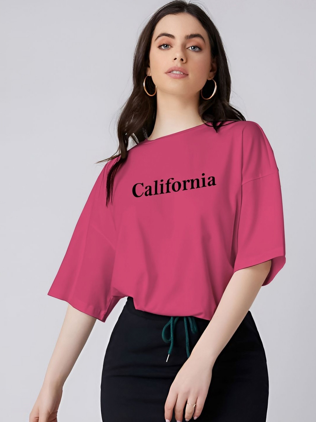 

Ajolli Women Typography Printed Round Neck Cotton Oversized T-shirt, Pink