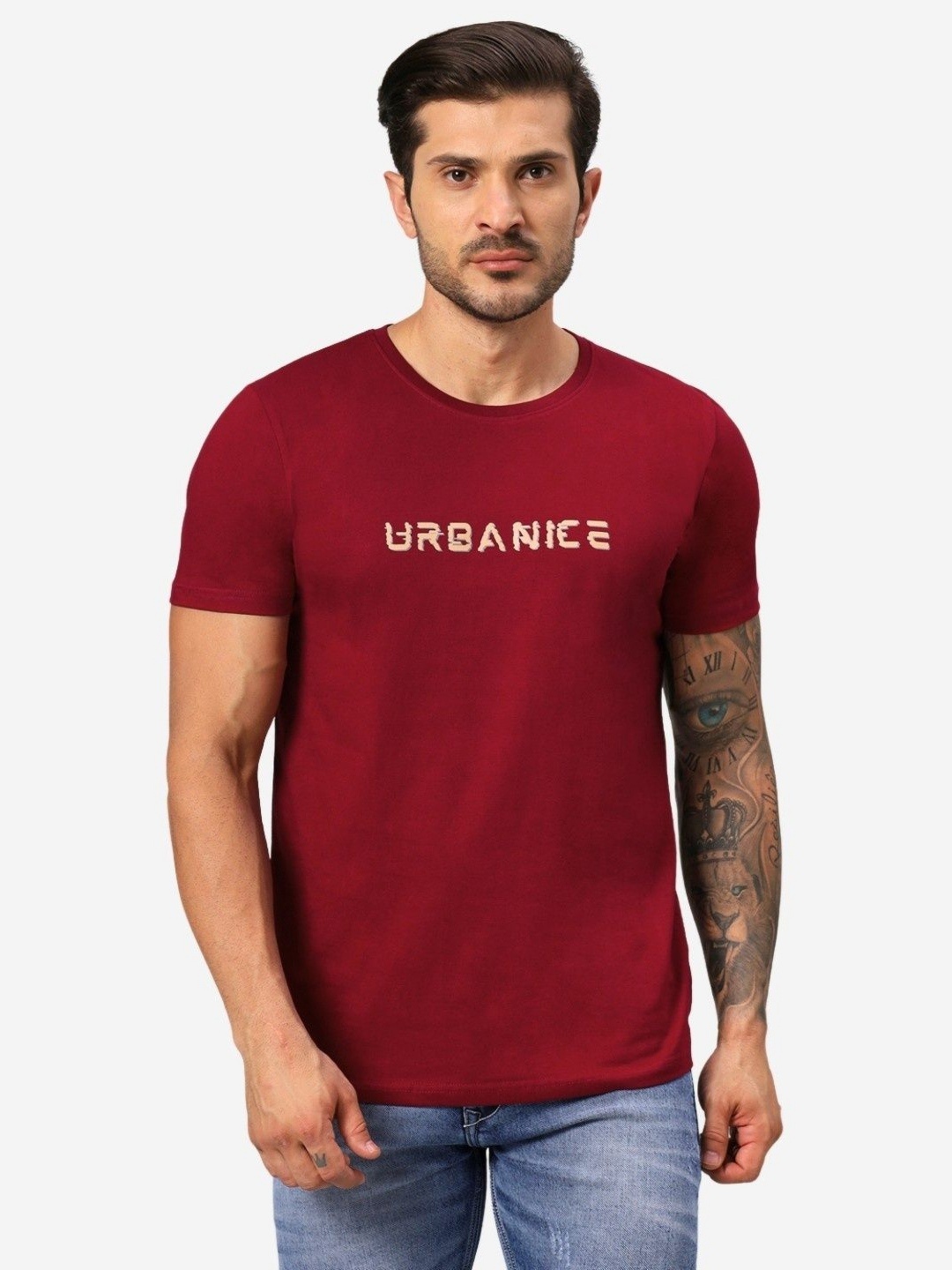 

URBANICE Men Graphic Printed Round Neck Cotton T-shirt, Maroon