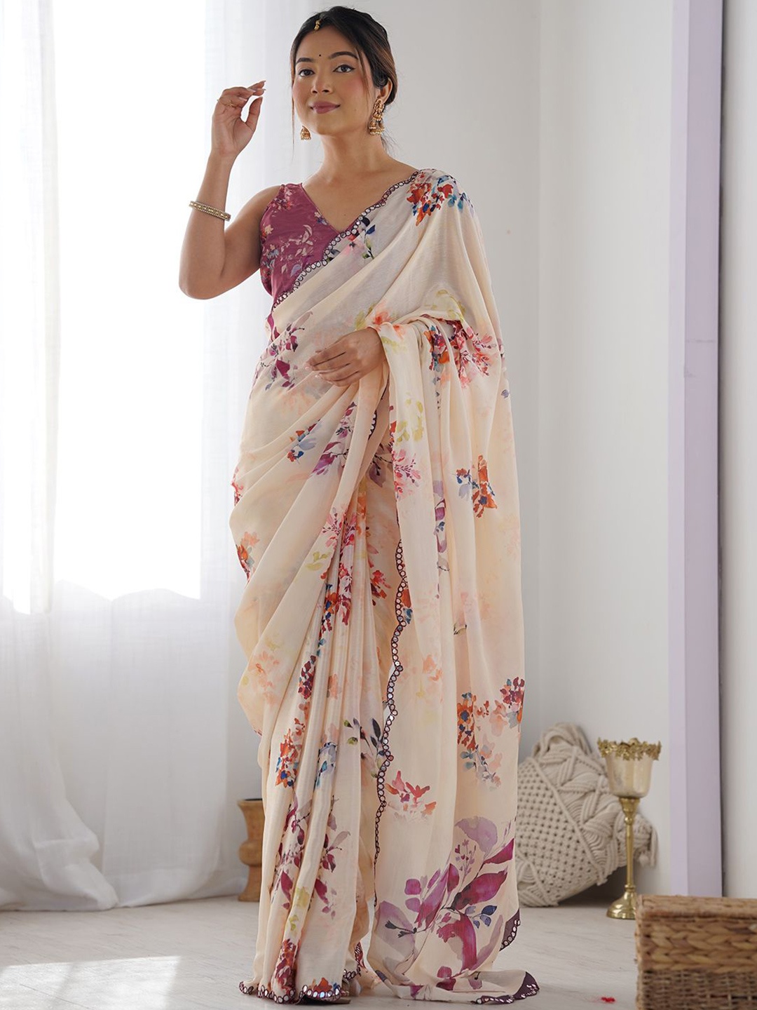 

LeeliPeeri Designer Floral Mirror Work Poly Chiffon Saree, Peach