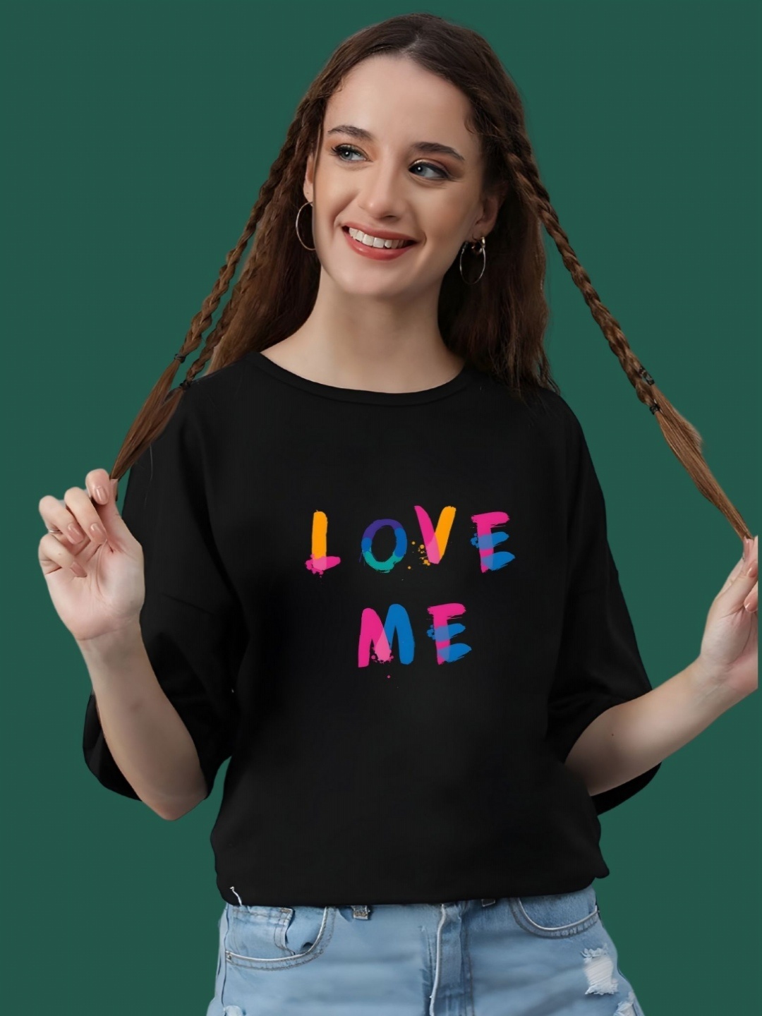 

DressBerry Women Typography Printed Round Neck Cotton Oversized T-shirt, Black