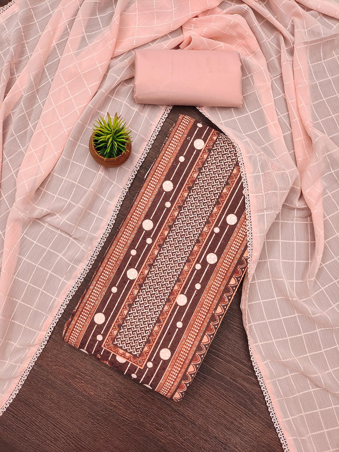 

MANVAA Geometric Embroidered Sequinned Unstitched Dress Material, Peach