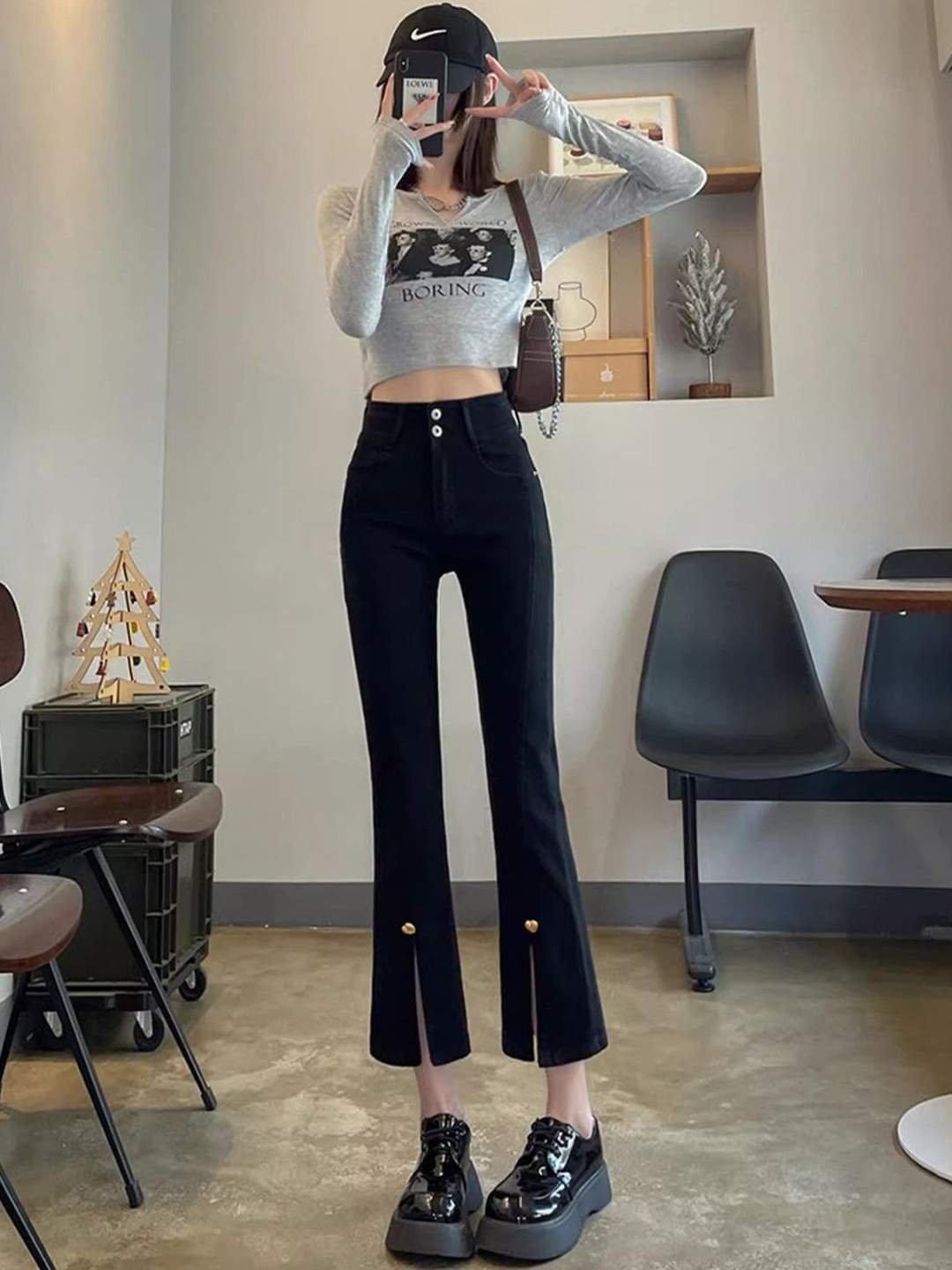 

DressBerry Women Flared High-Rise Slits Jeans, Black