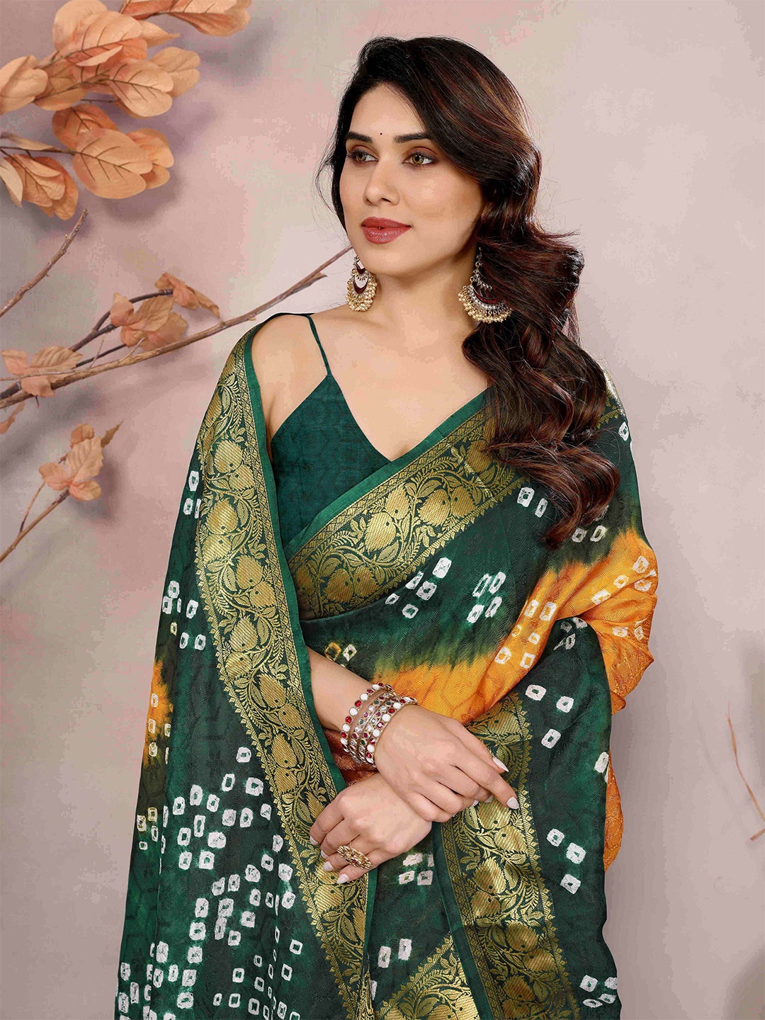 

Bandhanivilla Bandhani Printed Zari Saree, Orange