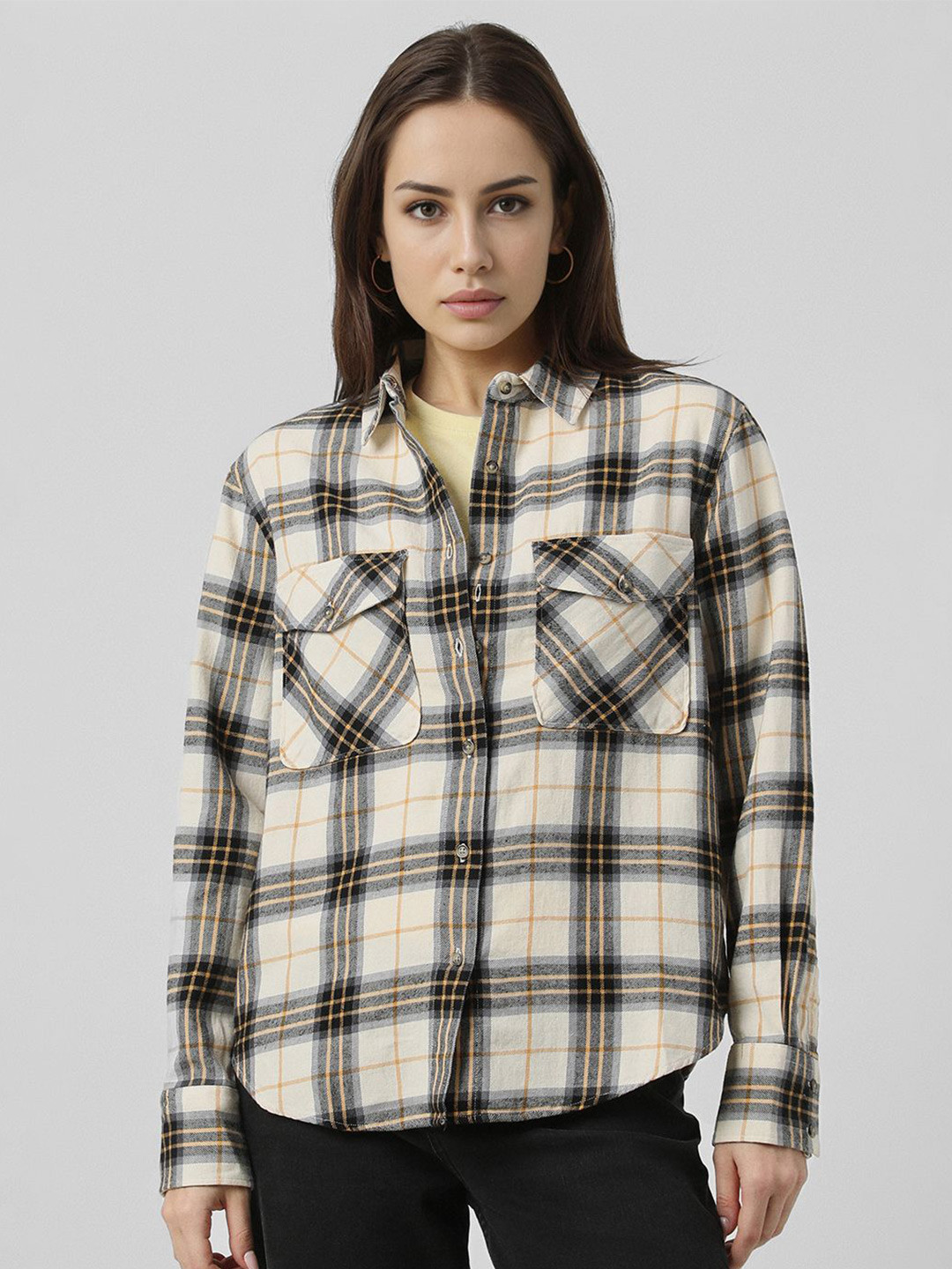 

Van Heusen Woman Relaxed Fit Spread Collar Tartan Checked Cotton Casual Shirt, Beige