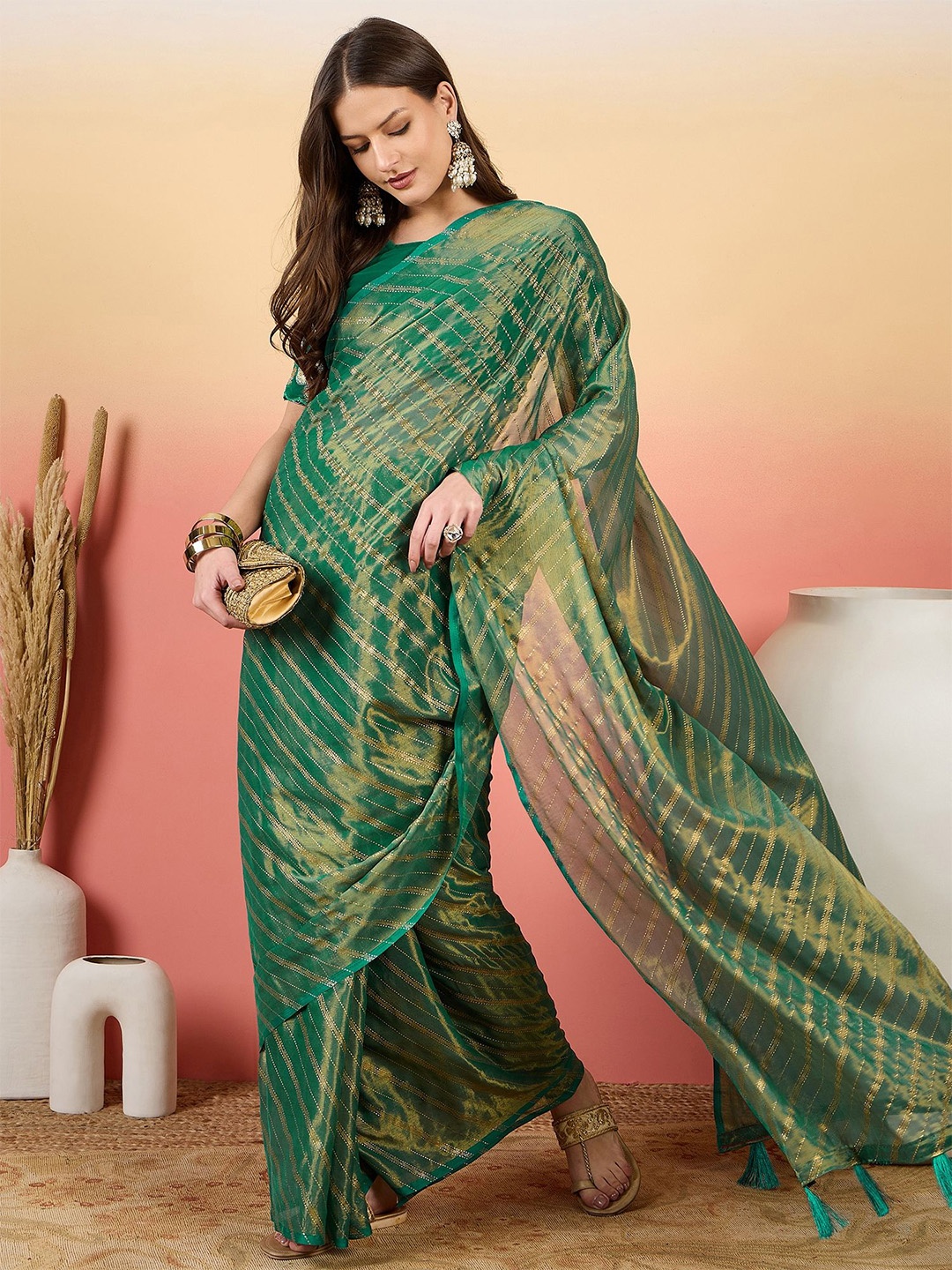 

Sangria Women Striped Embroidered Saree With Unstitched Blouse Piece, Sea green