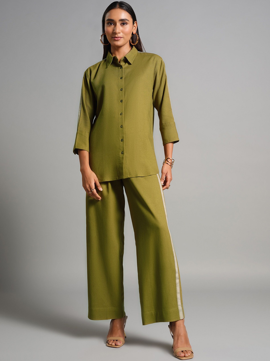 

AND Three-Quarter Sleeves Shirt Collar Shirt With Trouser, Olive