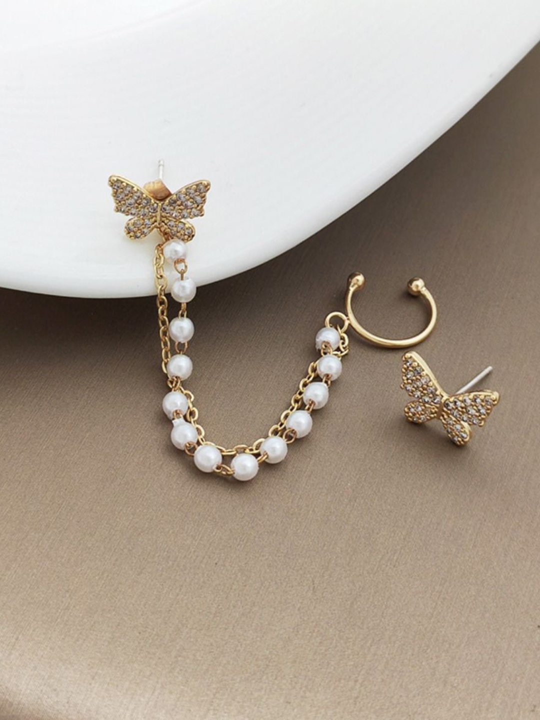 

Celestique Artificial Stones Studded And Pearls Beaded Butterfly Shaped Ear Cuffs, Gold