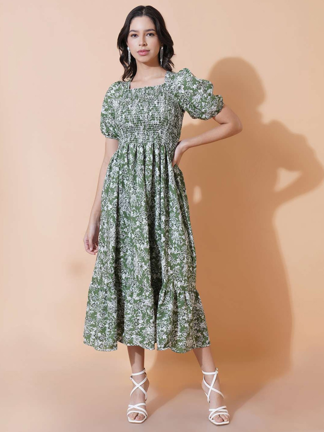 

ZWERLON Women Floral Print A-Line Midi Dress, Green