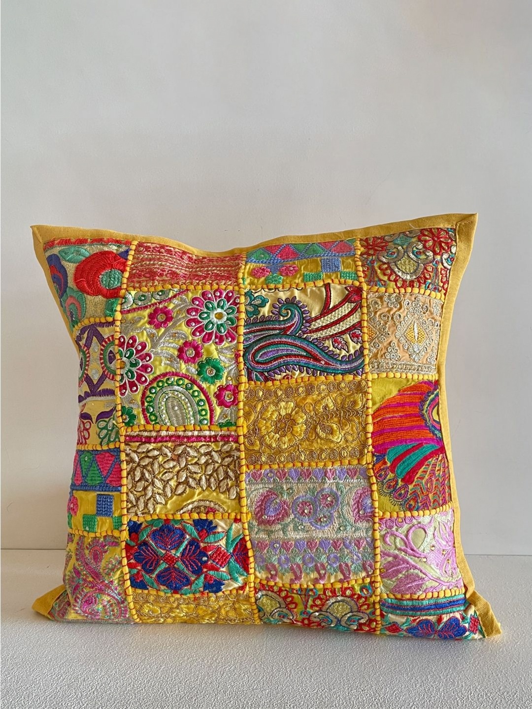 

Atrangi Studio 2 Pieces Ethnic Motifs Patchwork Square Cushion Covers, Yellow