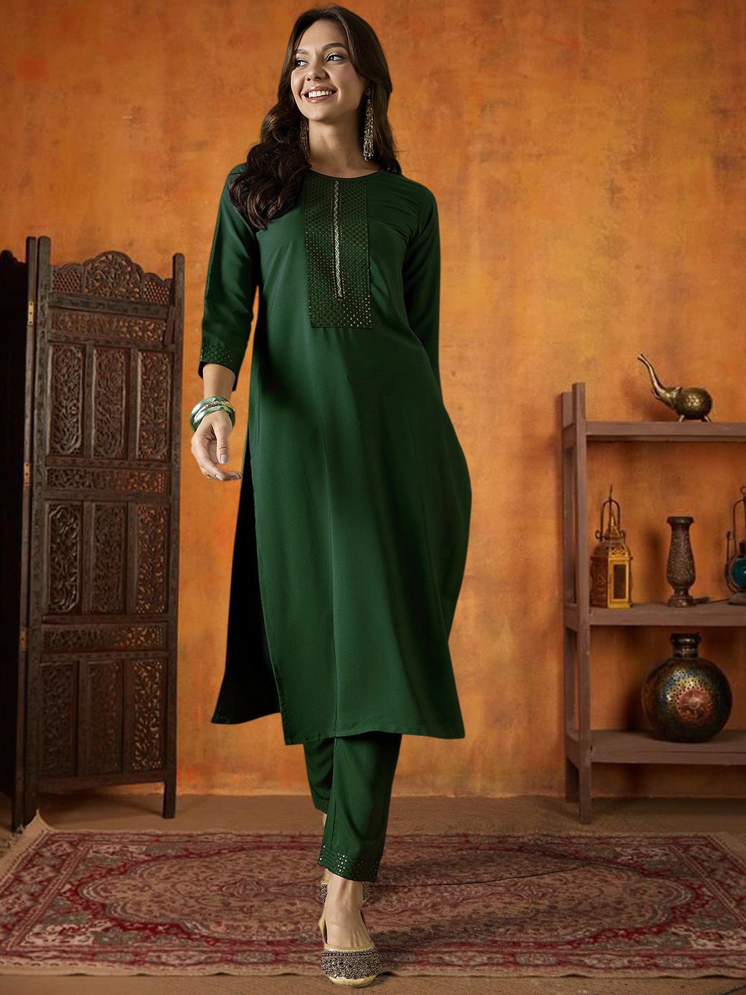 

SheWill Striped Embroidered Round Neck Sequinned Straight Kurta With Trouser, Green