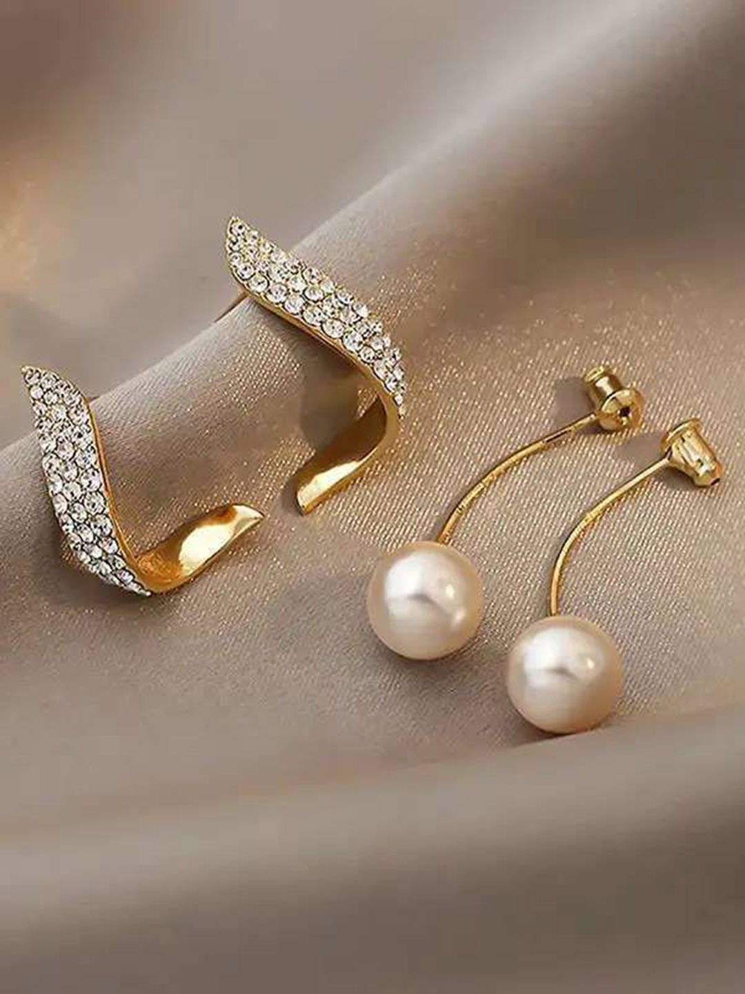 

Celestique Set of 2 Korean Artificial Stone Studded & Pearl Beaded Drop Earrings, Gold