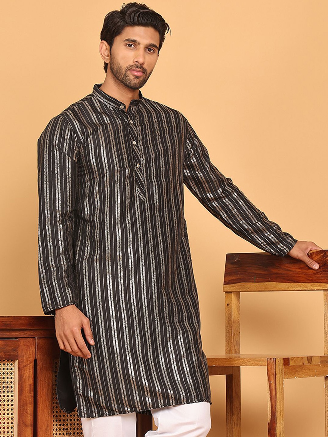 

Anouk Black Striped Foil Printed Band Collar Straight Kurta