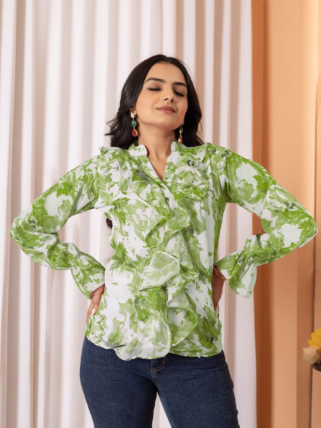 

Tilton Floral Print Mandarin Collar Flared Sleeve Ruffles Georgette Top, Sea green