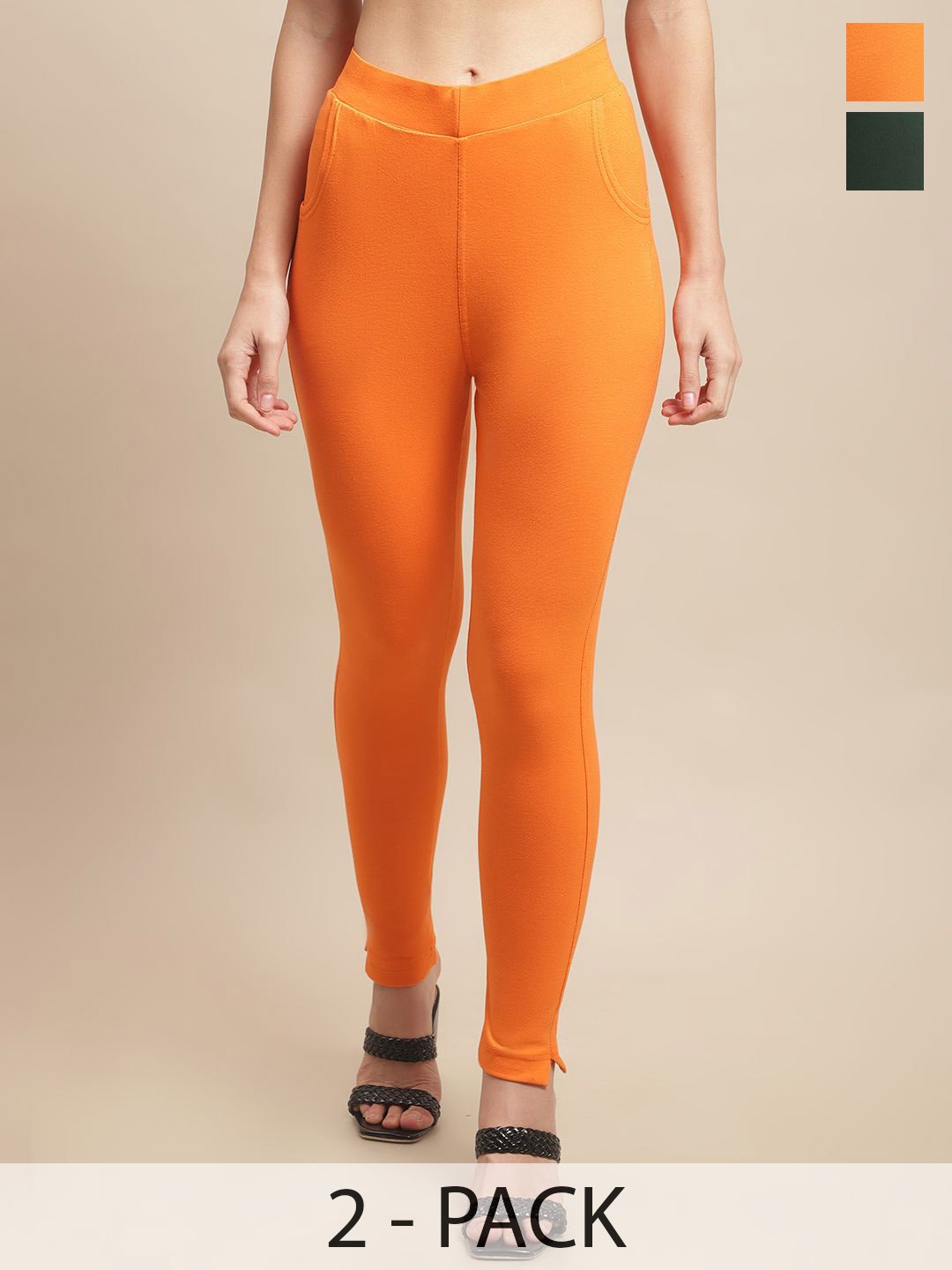 

Valles365 by S.C.Women Pack Of 2 Cotton Mid-Rise Ankle-Length Leggings, Orange
