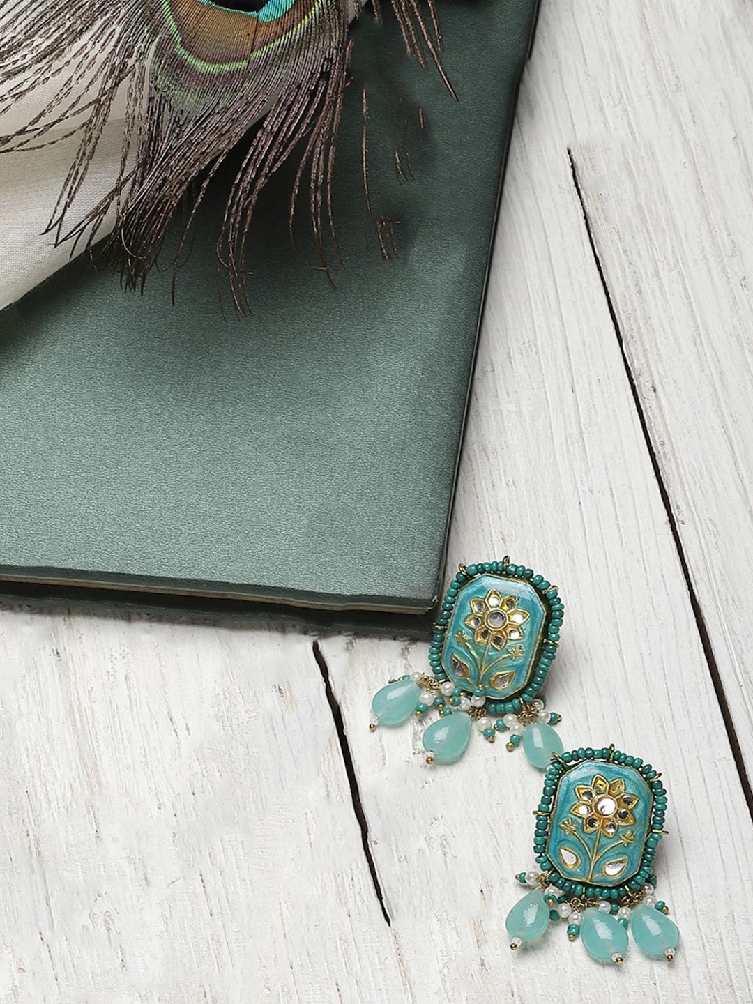 

DUGRISTYLE Gold-Plated Artificial Stones Studded & Beaded Drop Earrings, Blue