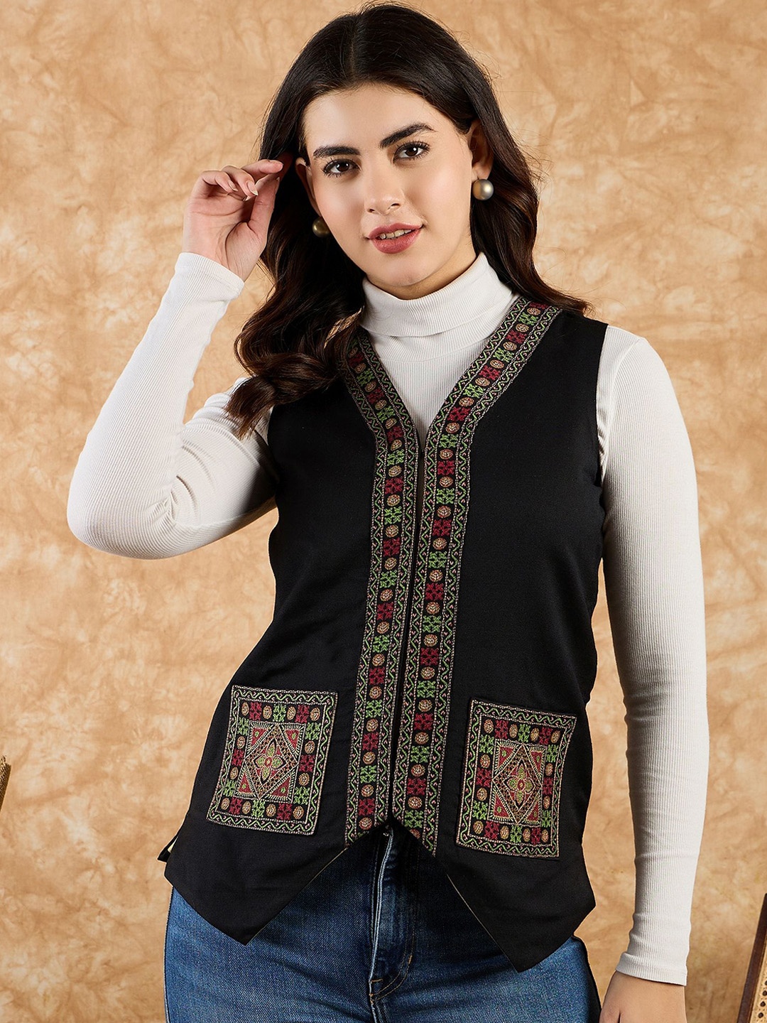 

SAHASIKA Women Collarless Self Design Woollen Casual Tailored Jacket, Black