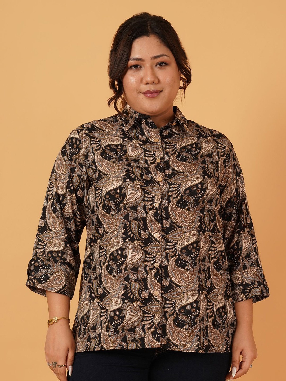 

ANGOORI FASHION Women Plus Size Straight Fit Ethnic Motifs Printed Cotton Casual Shirt, Black