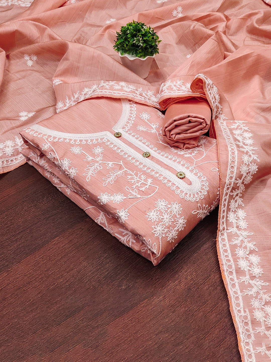 

MANVAA Floral Embroidered Unstitched Dress Material, Peach