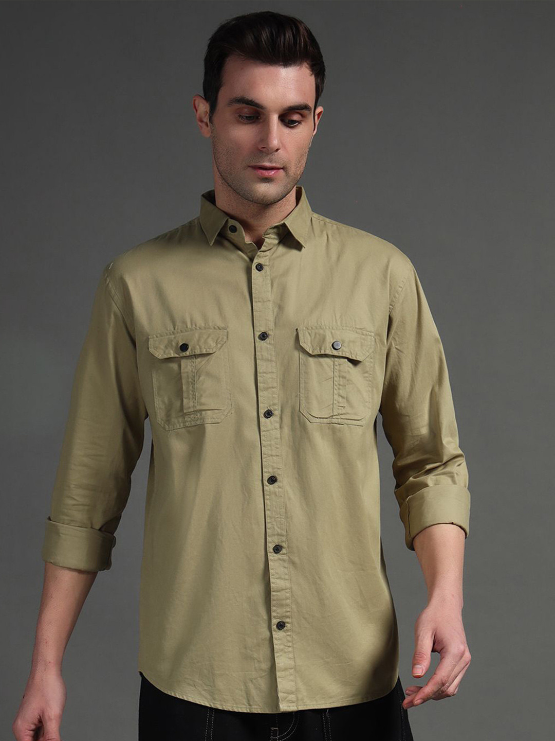 

SUI DHAGA Men India Slim Fit Spread Collar Solid Cotton Casual Shirt, Khaki