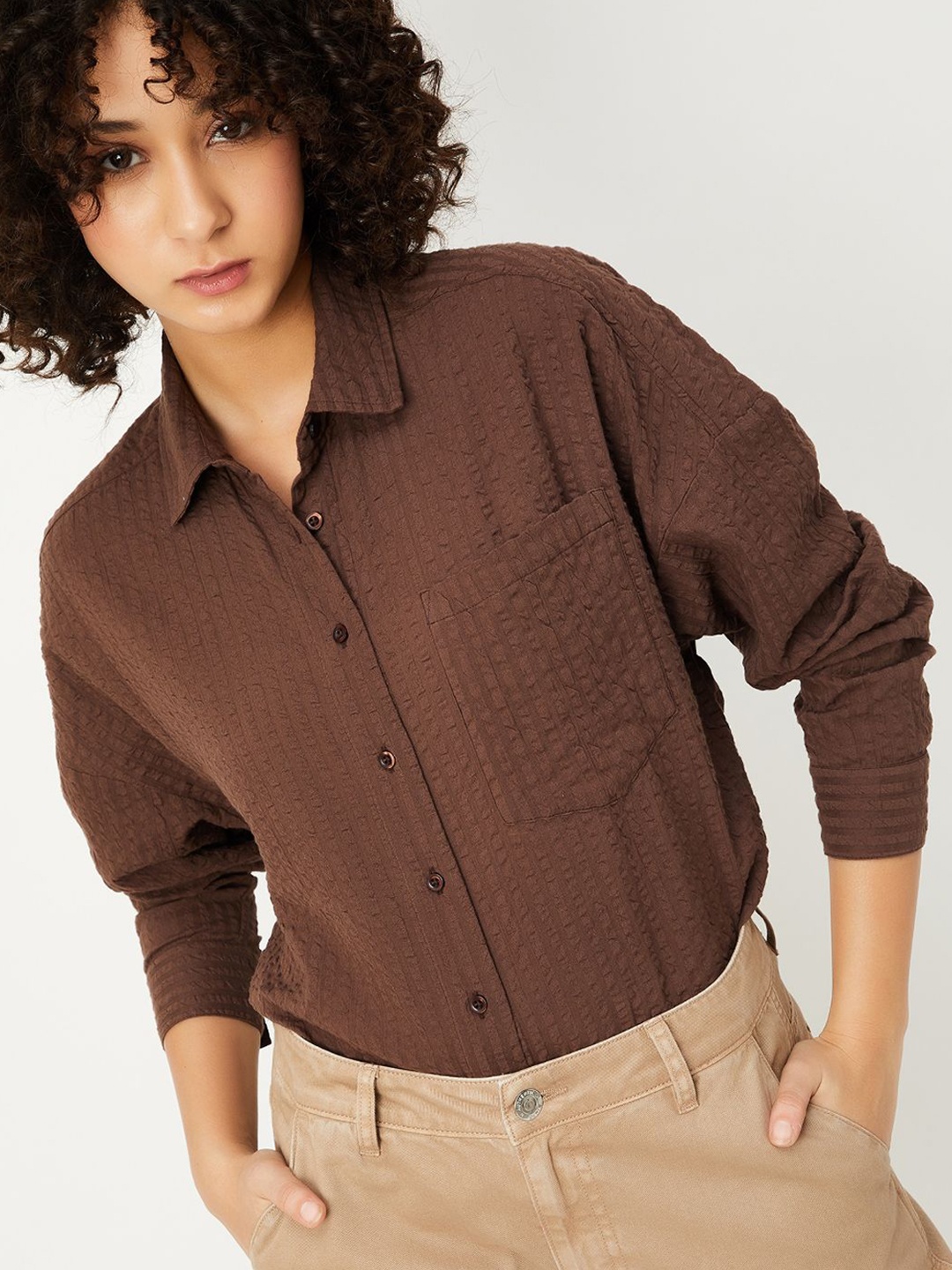 

max Women Relaxed Fit Spread Collar Textured Cotton Casual Shirt, Brown