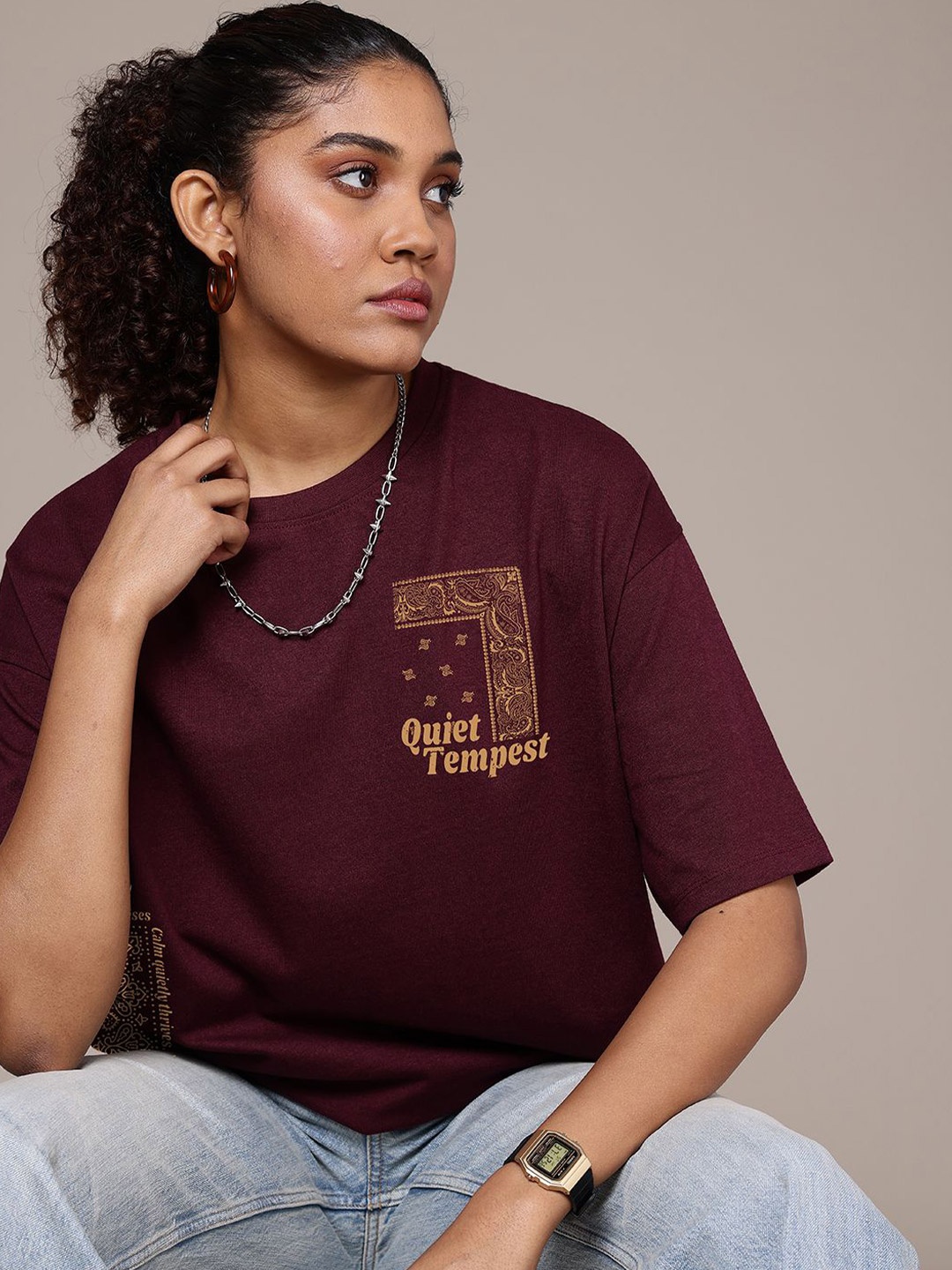 

The Roadster Lifestyle Co. Women Graphic Printed Round Neck Cotton Oversized T-shirt, Burgundy