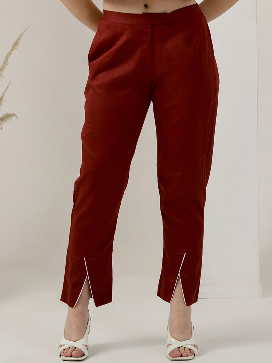 

First Resort by Ramola Bachchan Women Smart Slim Fit Slits Trousers, Red
