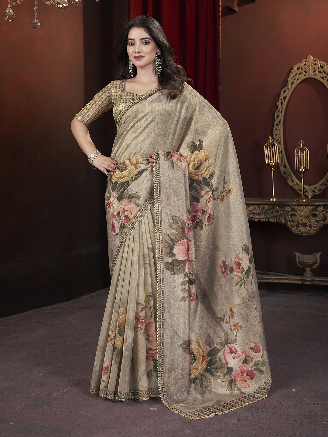 

DOI MOI Floral Mukaish Tissue Saree, Grey