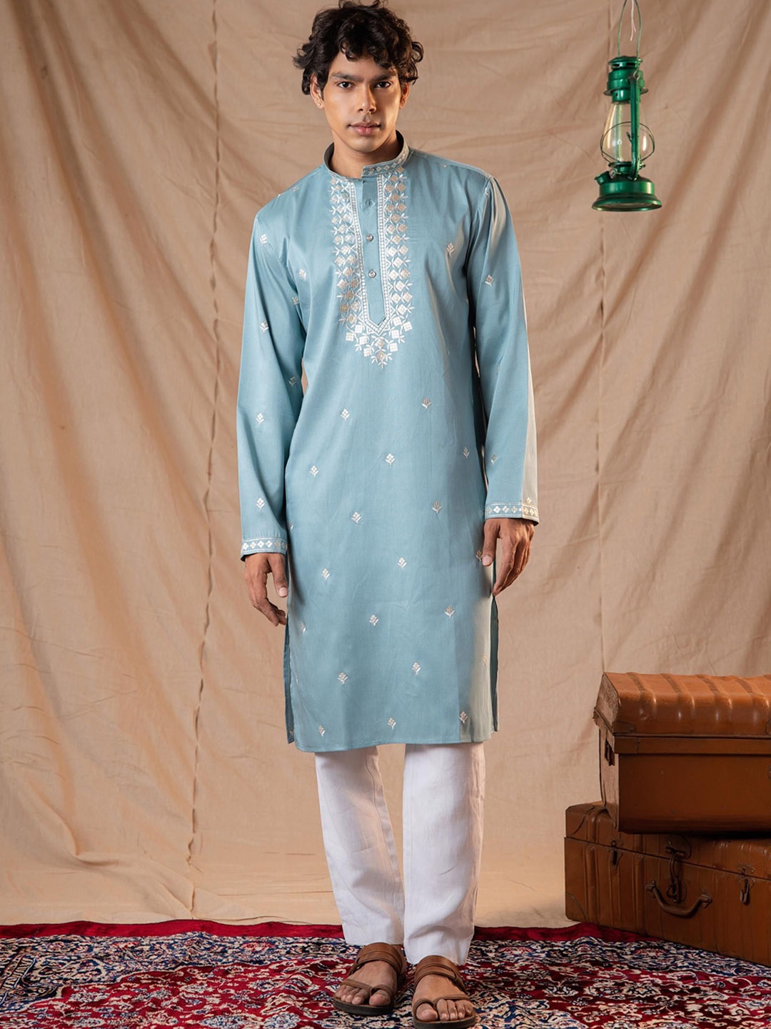 

5 Stitch Ethnic Motifs Embroidered Sequinned Band Collar Straight Kurta With Pyjamas, Blue