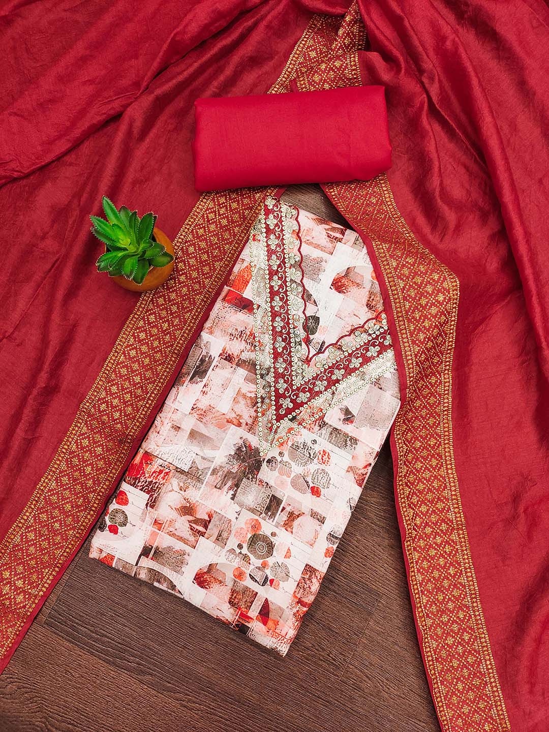 

MANVAA Floral Embroidered Unstitched Dress Material, White