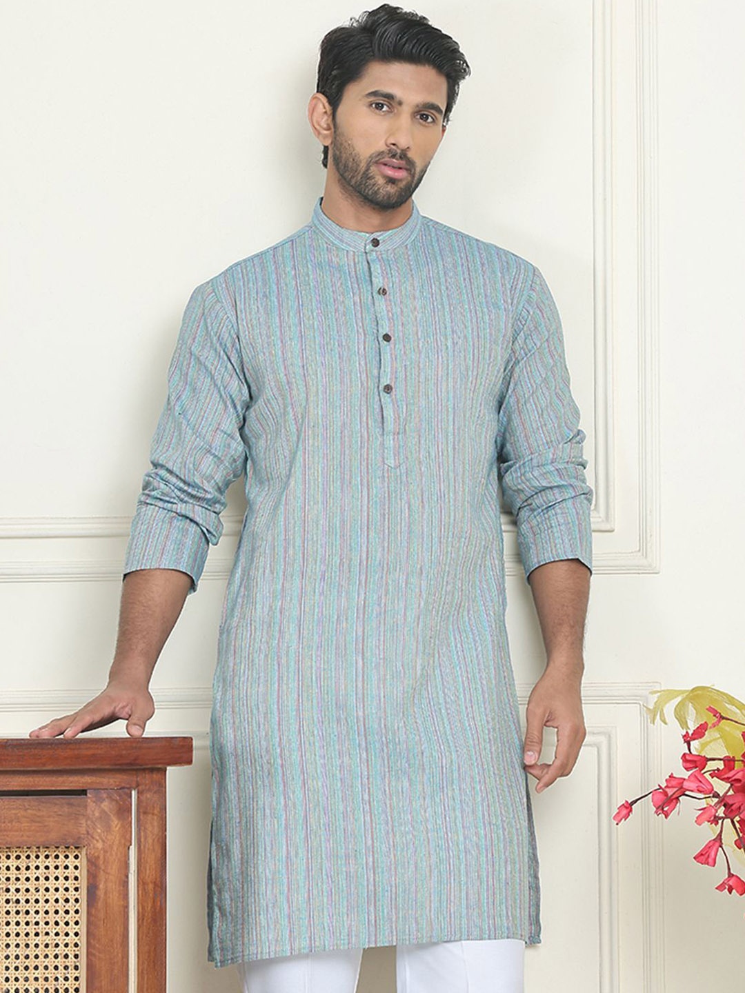 

Anouk Blue Striped Woven Design Band Collar Straight Kurta