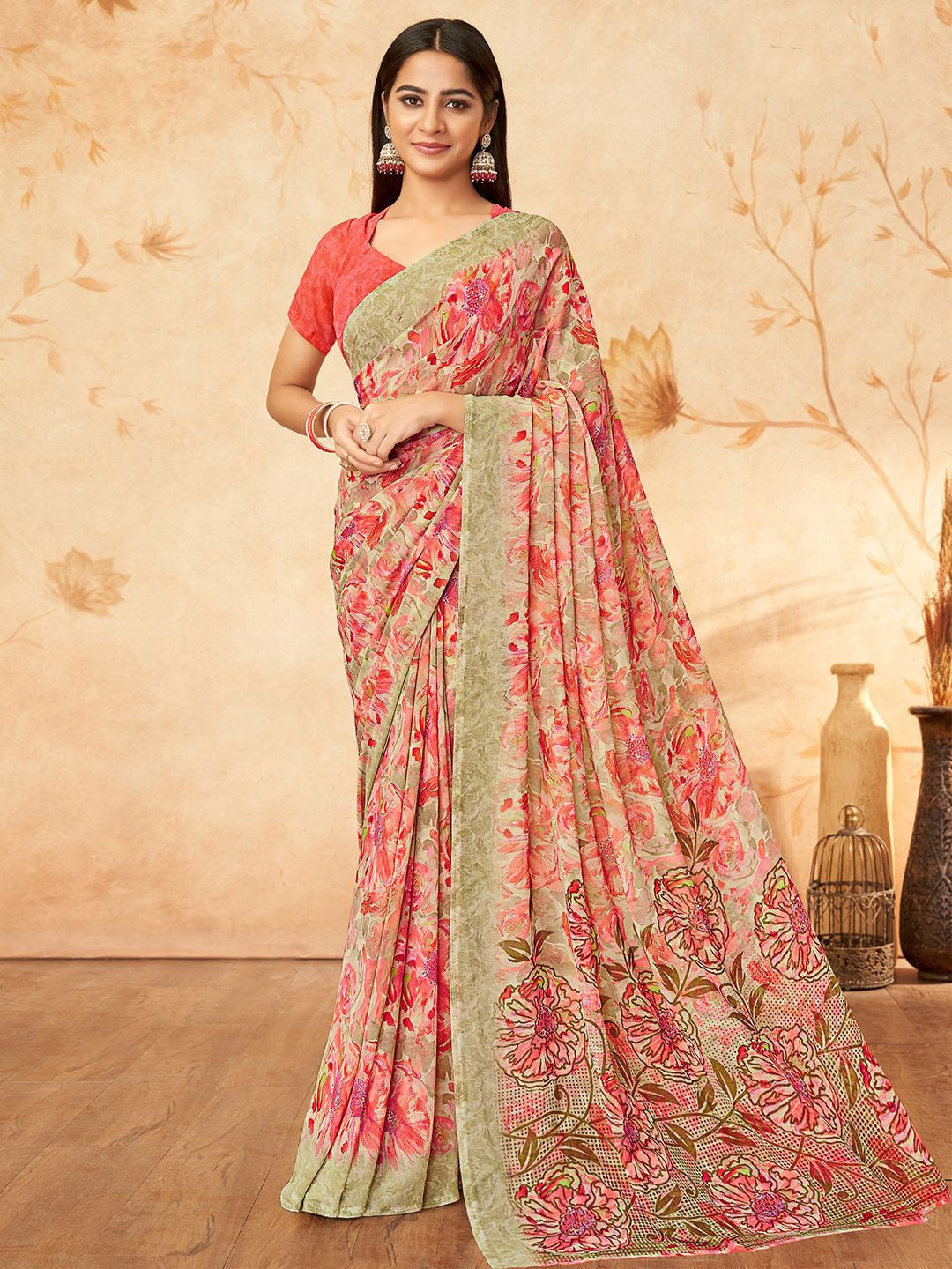 

LeeliPeeri Designer Floral Poly Georgette Saree, Peach