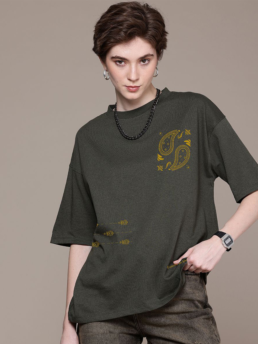 

The Roadster Lifestyle Co. Women Graphic Printed Round Neck Cotton Oversized T-shirt, Olive