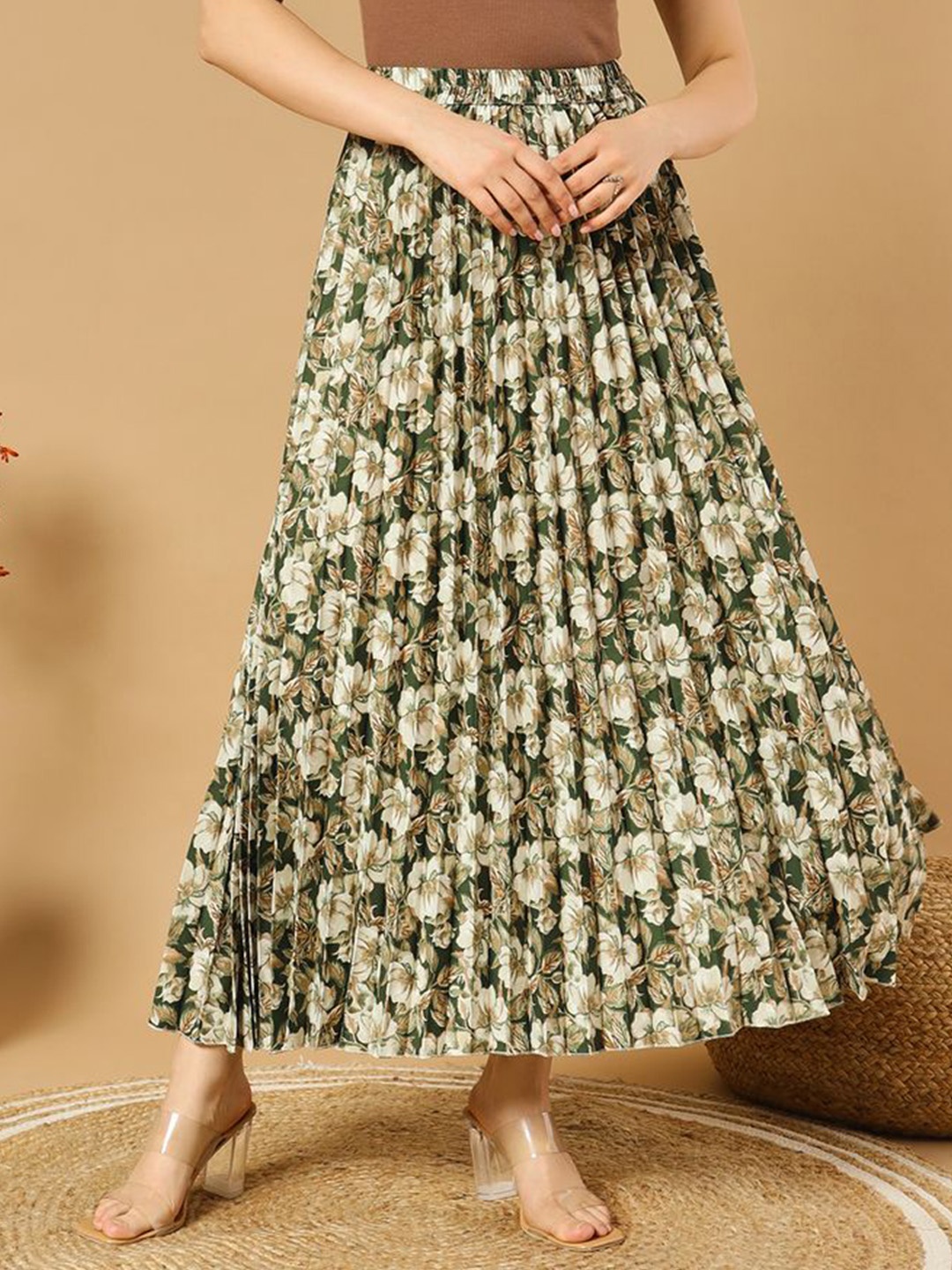 

ZWERLON Floral Printed & Pleated Maxi Skirt, Green