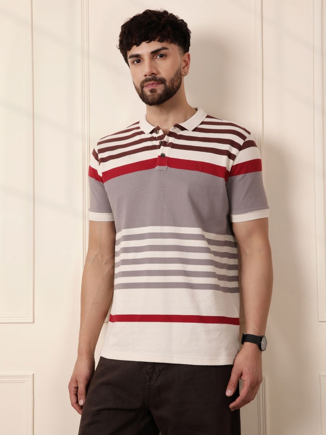 

WROGN Men Striped Polo Collar Pure Cotton Pockets Slim Fit T-shirt, Rust