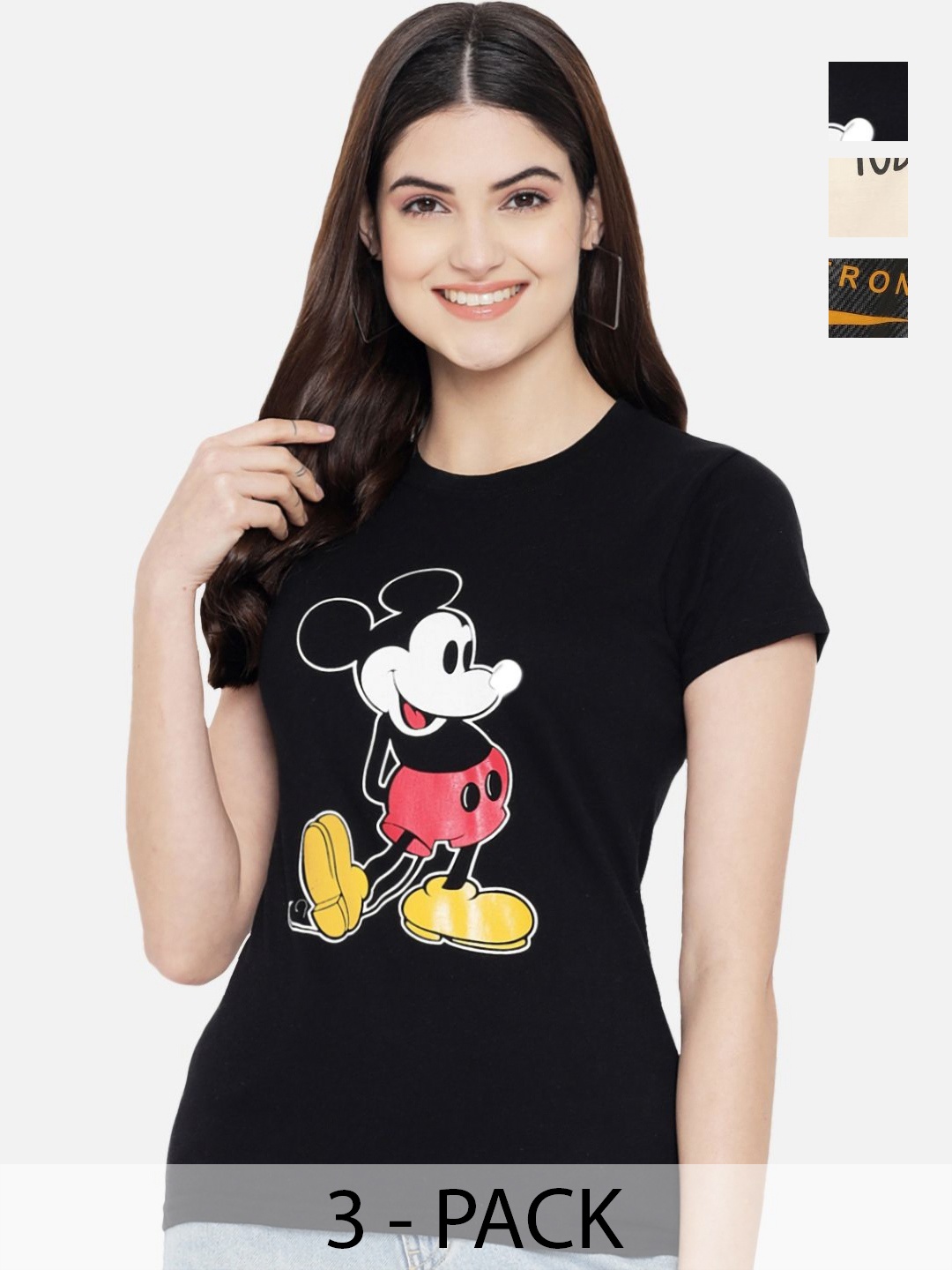 

Dreambe Women Pack Of 3 Mickey Mouse Graphic Printed Round Neck Cotton T-shirts, Black