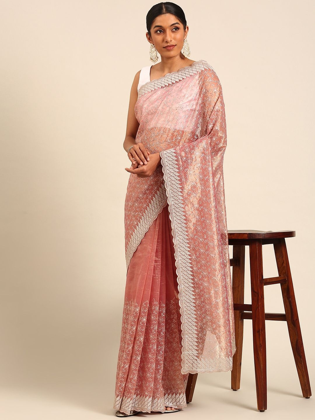 

LeeliPeeri Designer Embellished Beads and Stones Net Saree, Pink