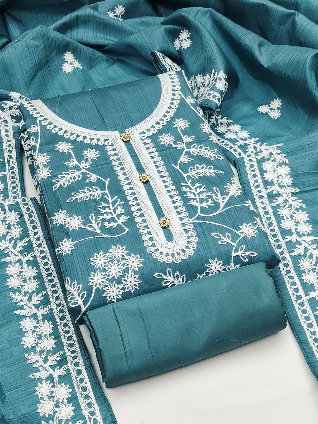 

MANVAA Floral Embroidered Unstitched Dress Material, Sea green