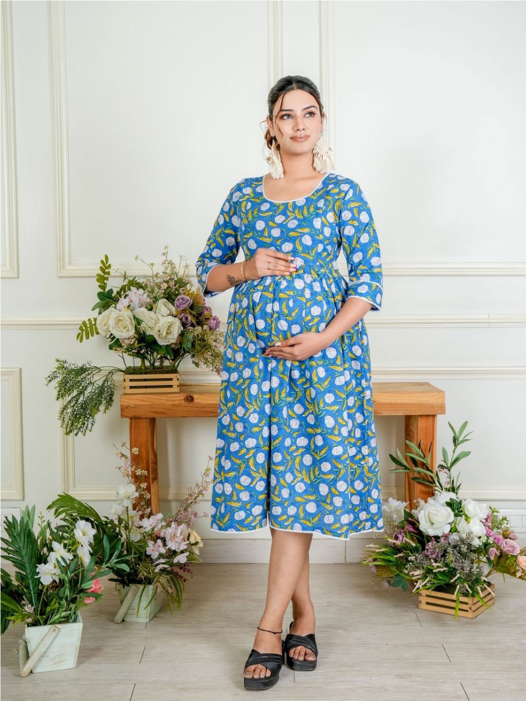 

MOTHERHOOD BY SNEHAL Floral Print Pure Cotton Fit & Flare Maternity Dress, Blue
