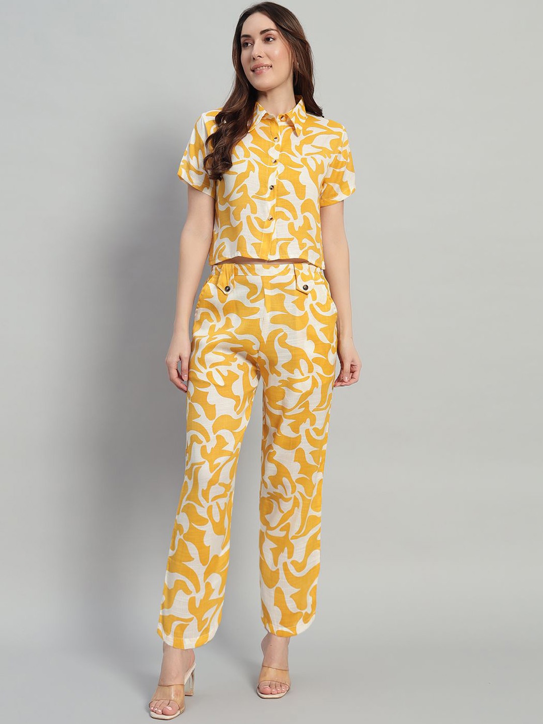 

ROSEMELON Abstract Printed Shirt Collar Shirt With Trouser, Yellow