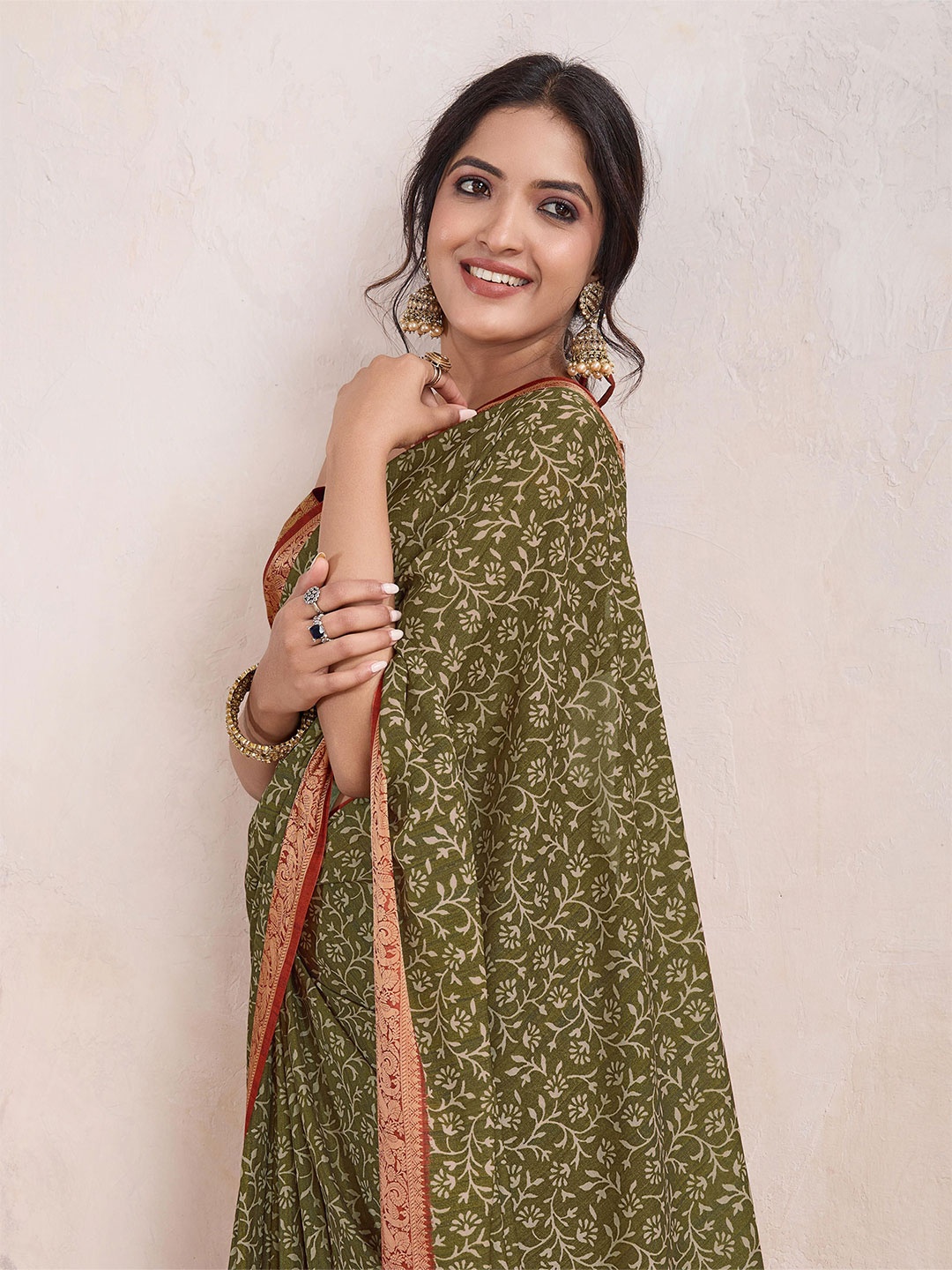 

Mitera Ajrak Printed Pure Crepe Dabu Saree, Olive