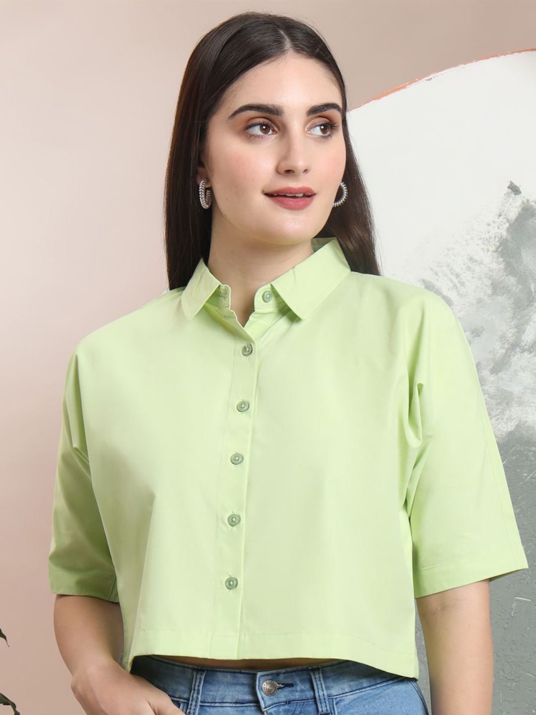 

FITHUB Women Boxy Fit Spread Collar Solid Cotton Casual Shirt, Green