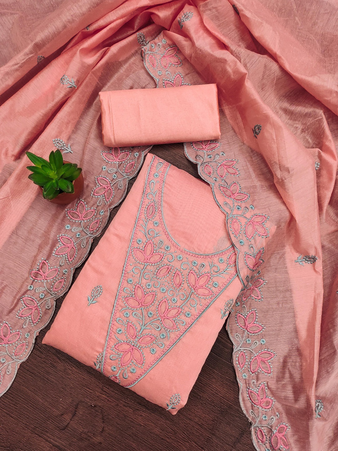 

MANVAA Floral Embroidered Chanderi Cotton Unstitched Dress Material, Peach
