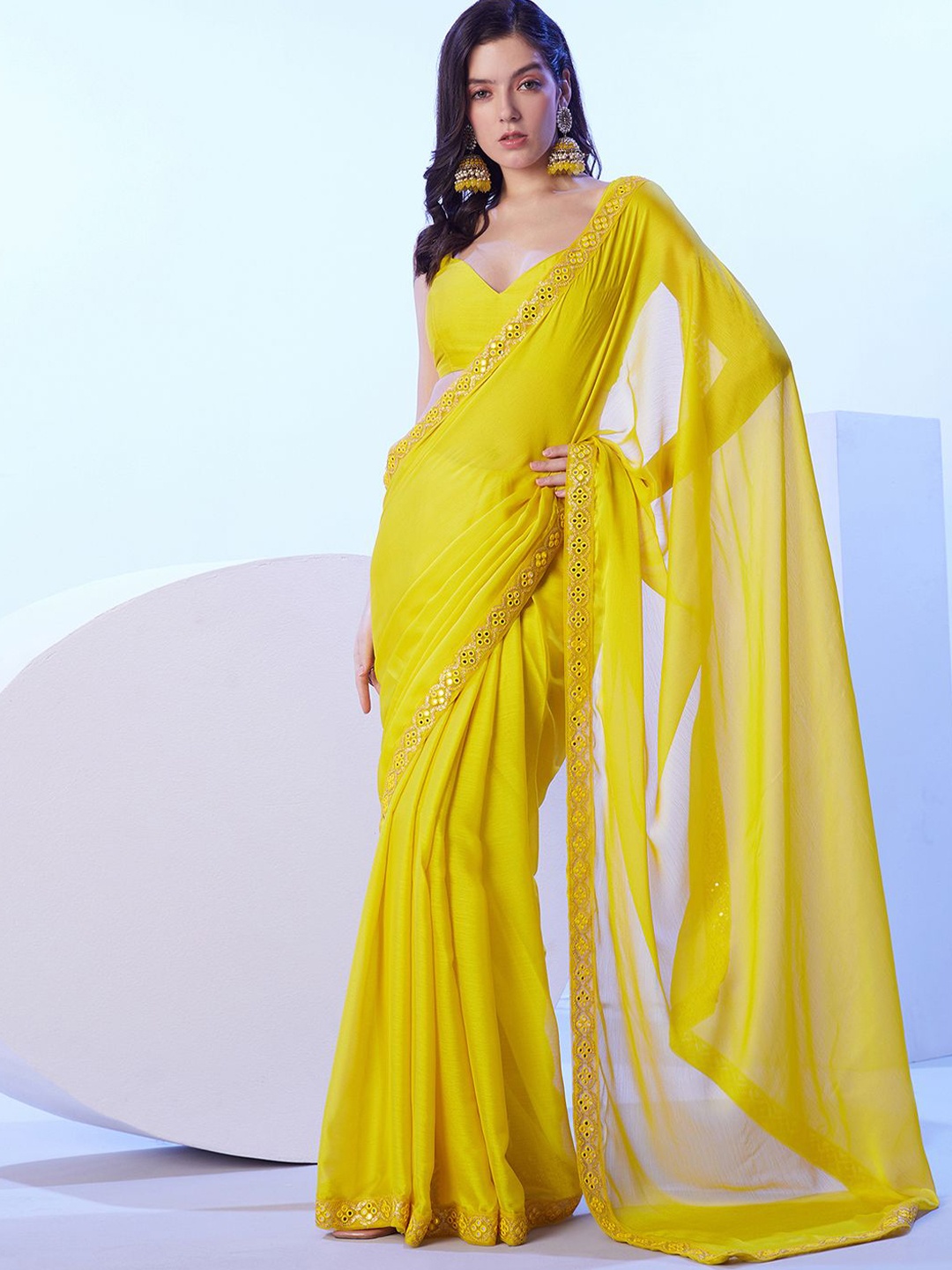 

Satrani Mirror Work Pure Chiffon Saree, Yellow