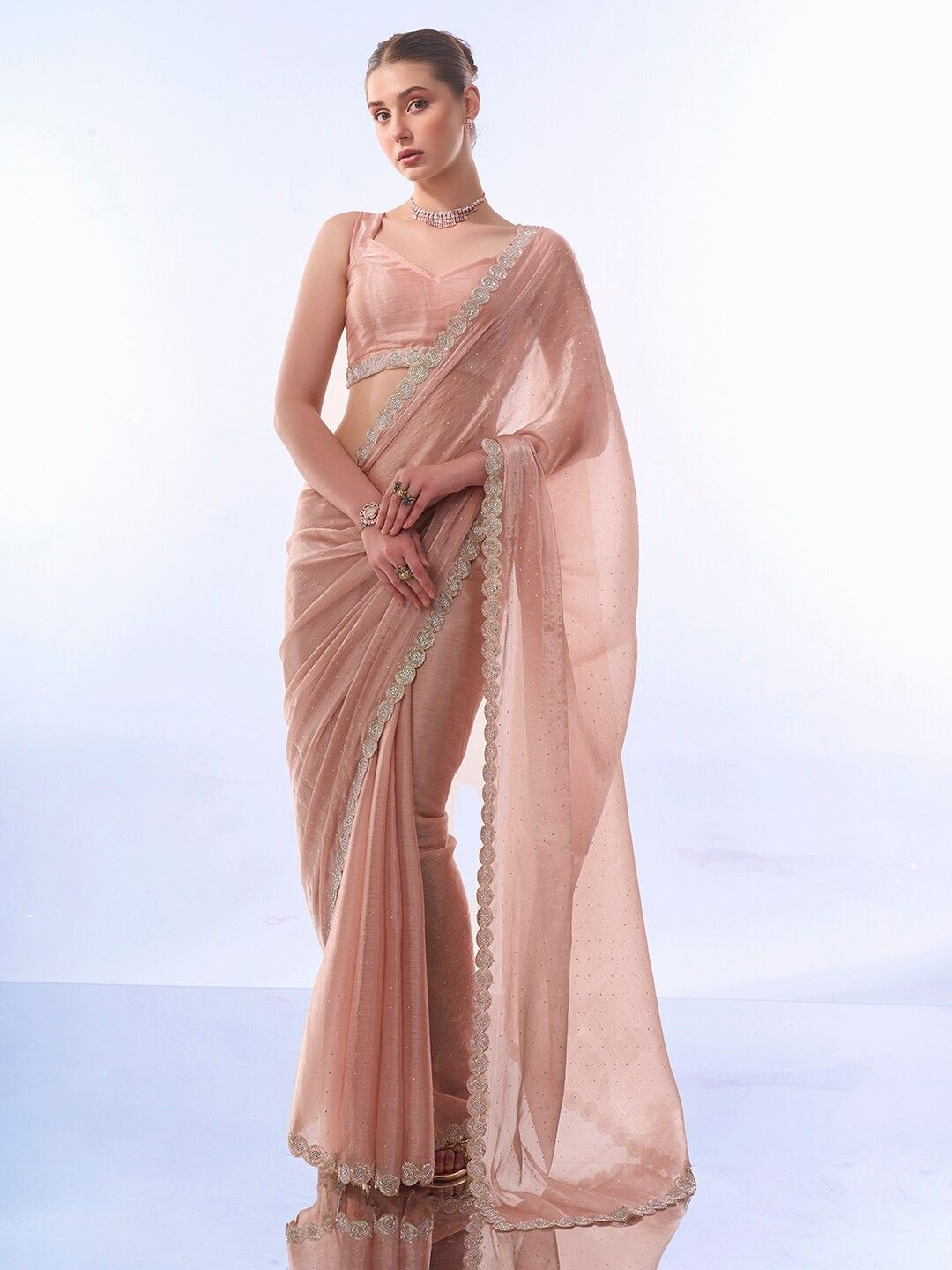 

Mitera Embellished Beads and Stones Organza Saree, Peach