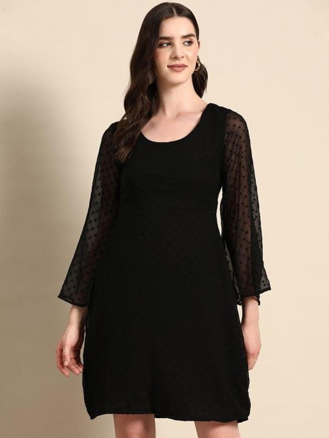 

DressBerry Women Round Neck A-Line Fit & Flare Knee Length Dress, Black