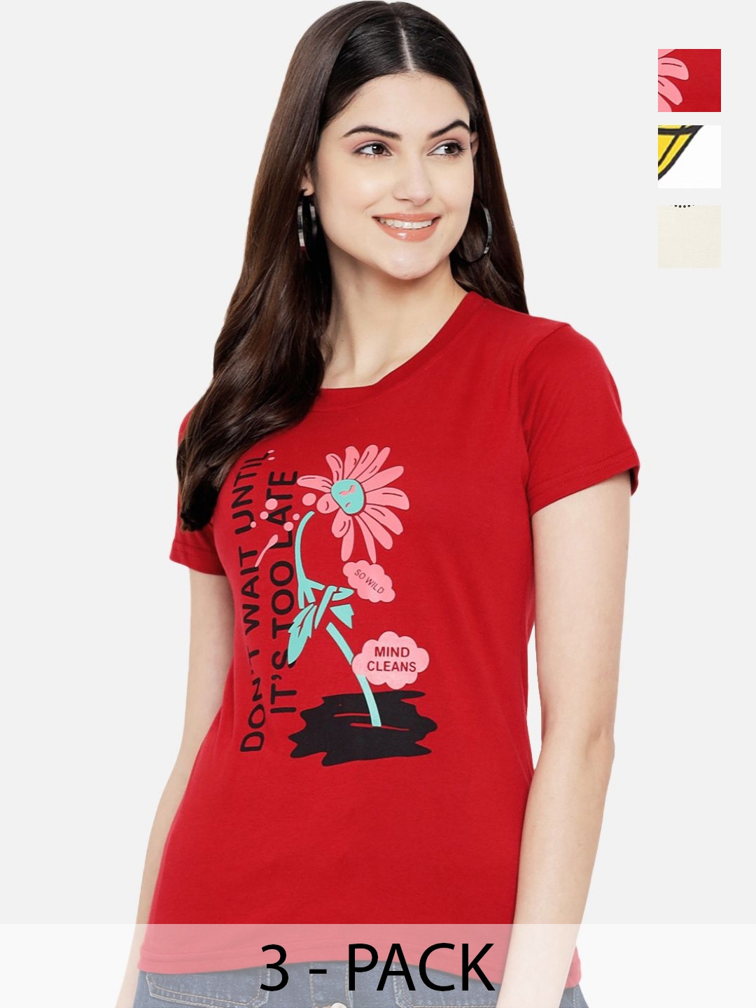 

Dreambe Women Pack Of 3 Graphic Printed Round Neck Cotton T-shirts, Maroon