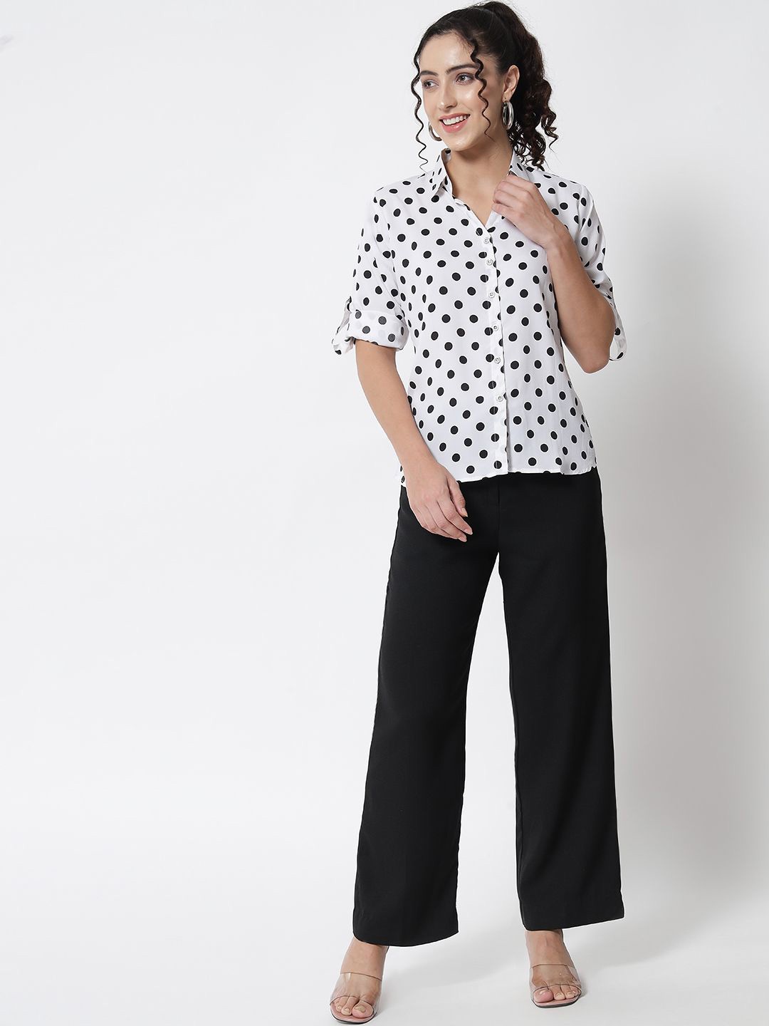 

ANGOORI FASHION Women Straight Fit Spread Collar Polka Dots Printed Casual Shirt, White