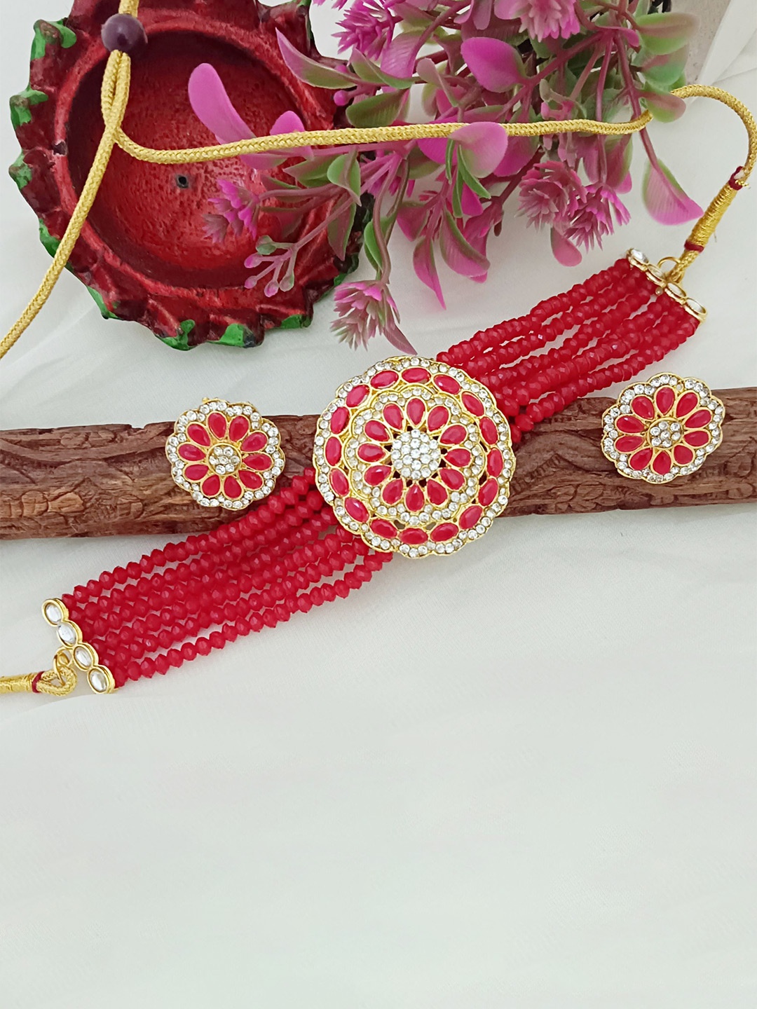 

EVY Gold-Plated Cubic Zirconia Studded And Crystals Beaded Choker Jewellery Set